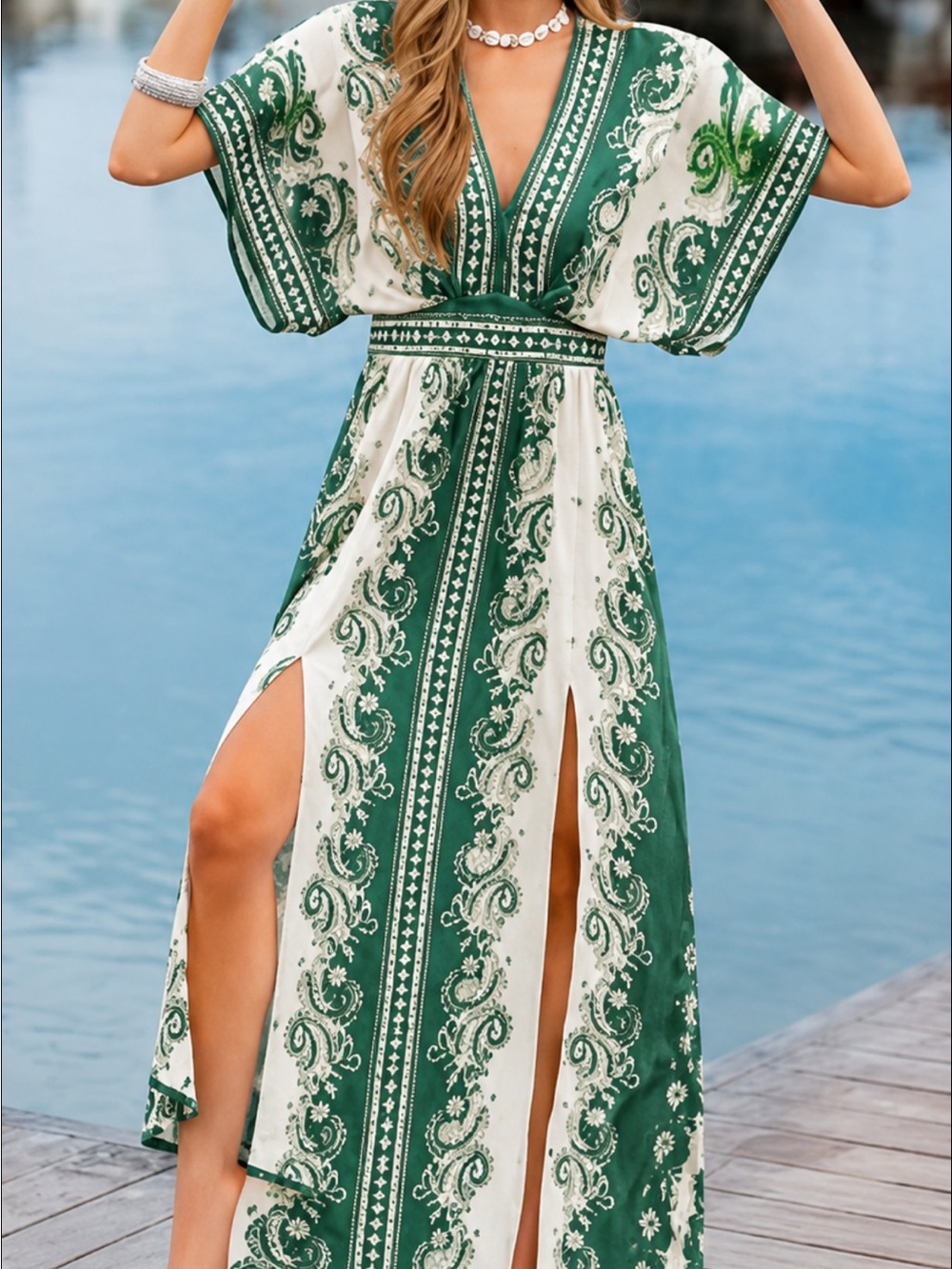 Cupshe Green and White Paisley Print V-Neck Maxi Dress